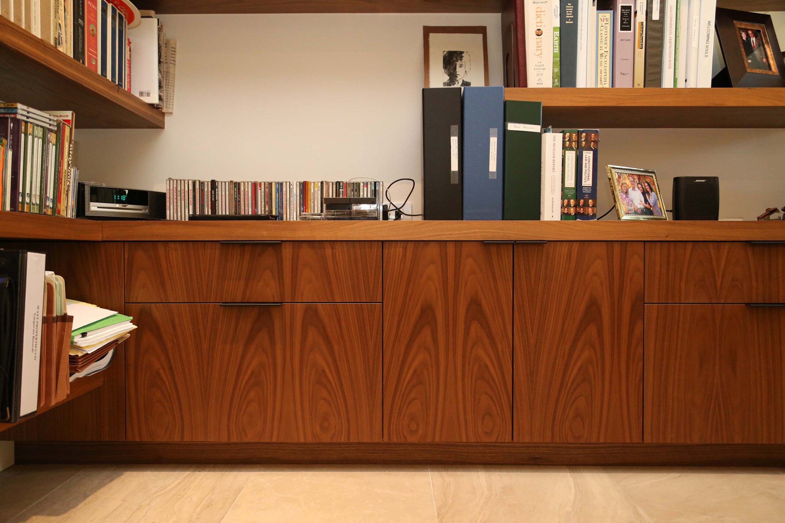 Base Drawer Door Storage Floating Book Shelves Wood Grain Finish Elite Cabinets Tulsa Cabinet Designer