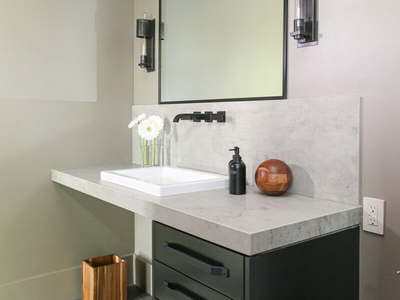 Bathroom Vanity Vessel Sink Mirror Wall Sconces White Counters Black Cabinets Elite Cabinets Tulsa Bathroom