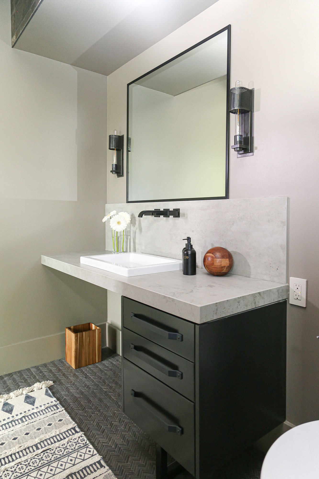 Bathroom Vanity Vessel Sink Mirror Wall Sconces White Counters Black Cabinets Elite Cabinets Tulsa Bathroom