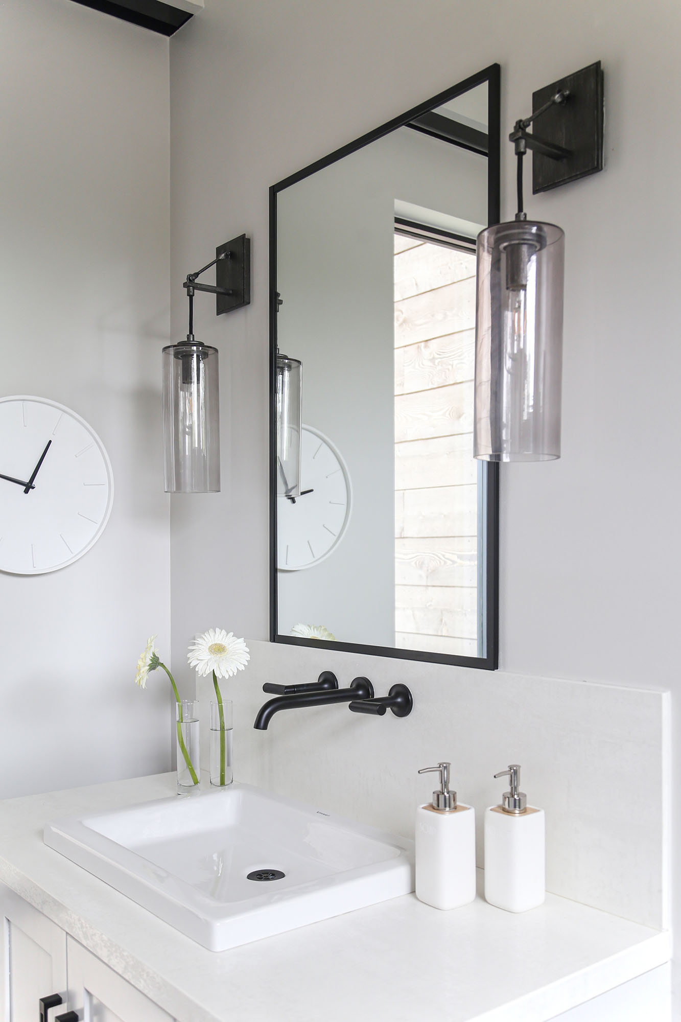 Bathroom Vanity Vessel Sink Mirror Wall Sconces White Counters White Cabinets Elite Cabinets Tulsa Bathroom