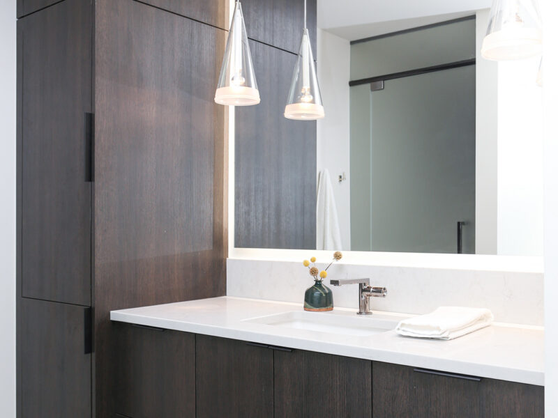Dark Cabinet Bathroom Vanity White Counter Pendant Light Tall Linen Storage Elite Cabinets Tulsa Bathroom Vanity