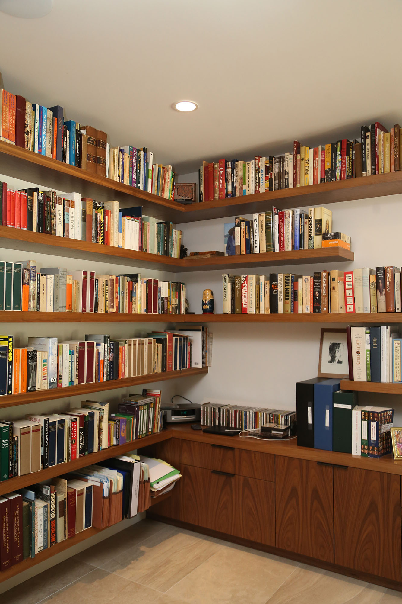 Floating Book Shelves Base Drawer Storage Wood Grain Finish Elite Cabinets Tulsa Cabinet Designer