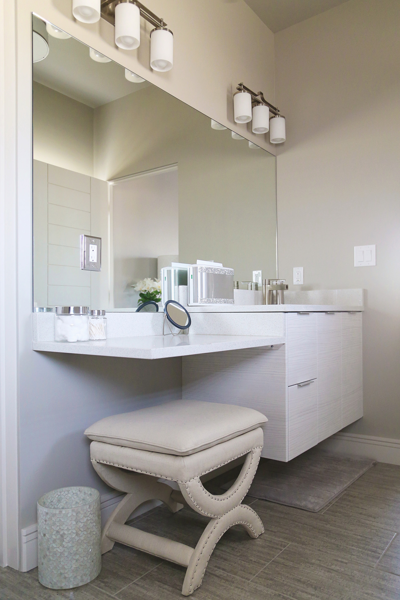 Floating Vanity Cabinet White Counter Seating Space Mirror Wall Sconces Elite Cabinets Tulsa Cabinet Bath Remodel