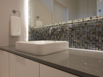 Master Bathroom Vessel Sink Tile Wrapped Mirror White Cabinet Floor Lit Storage Gray Counter Top Elite Cabinets Midtown Tulsa Master Bathroom