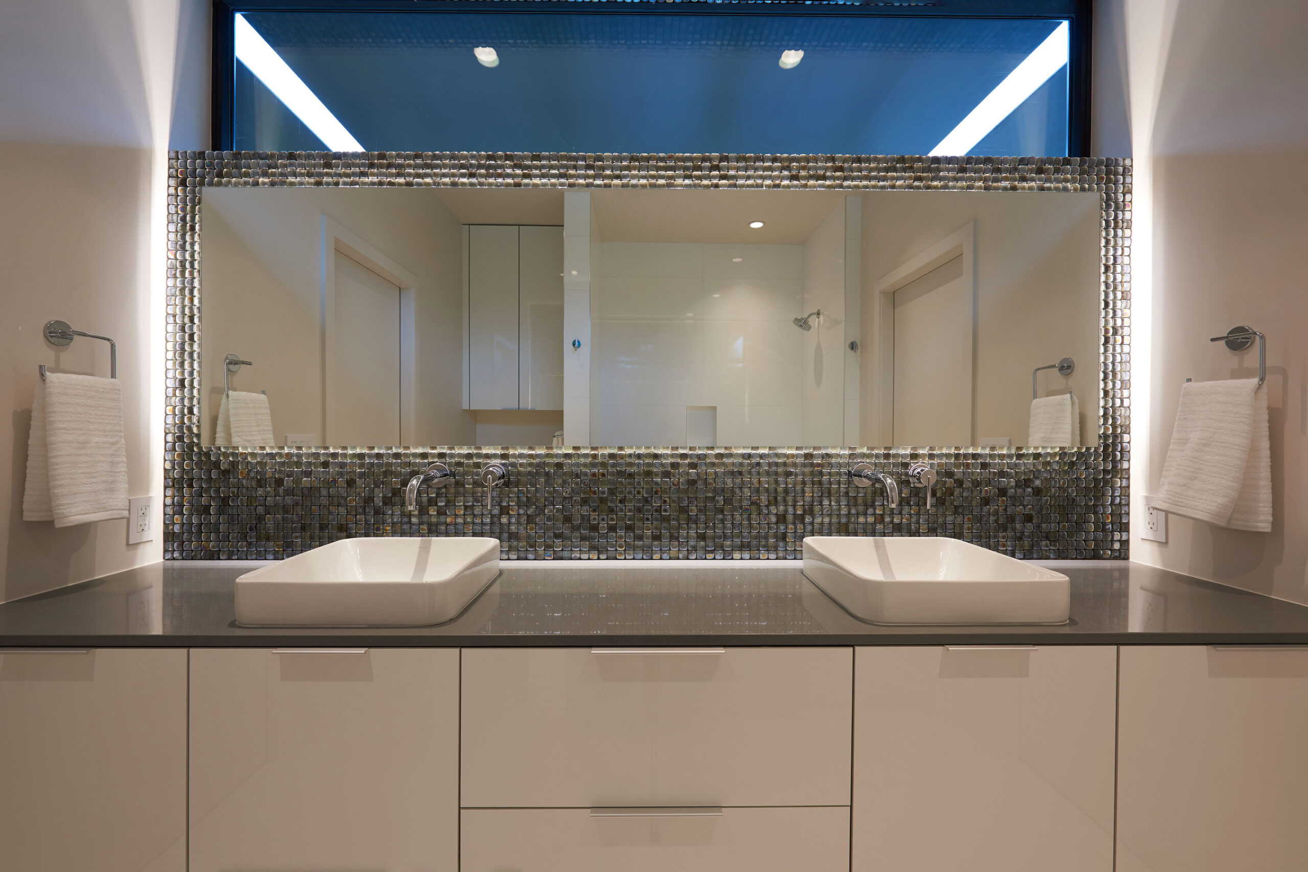Midtown Tulsa Master Bathroom Vanities Vessel Sinks Tile Wrapped Mirror White Cabinet Storage Gray Counter Top Elite Cabinets Tulsa Master Bathroom