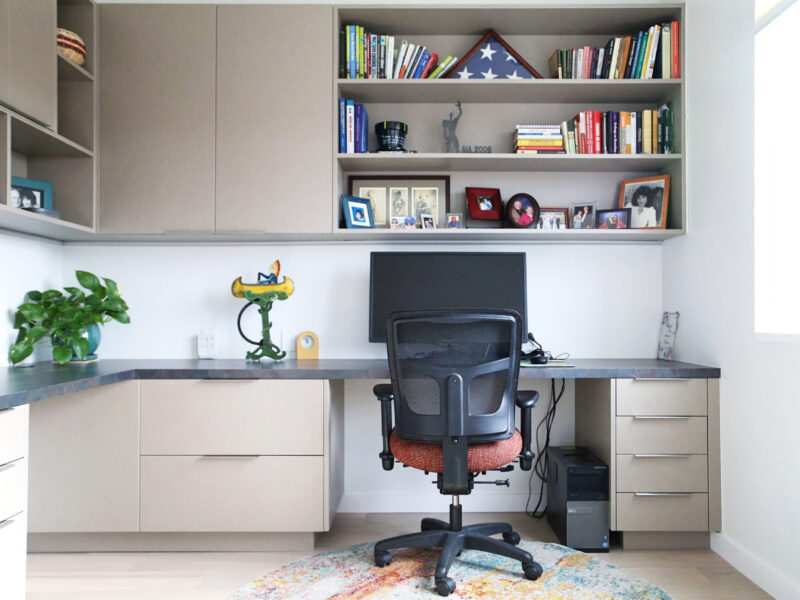 Office Cabinet Desk Space Storage Open Shelves Concrete Counter Top Elite Cabinets Office Design Remodel