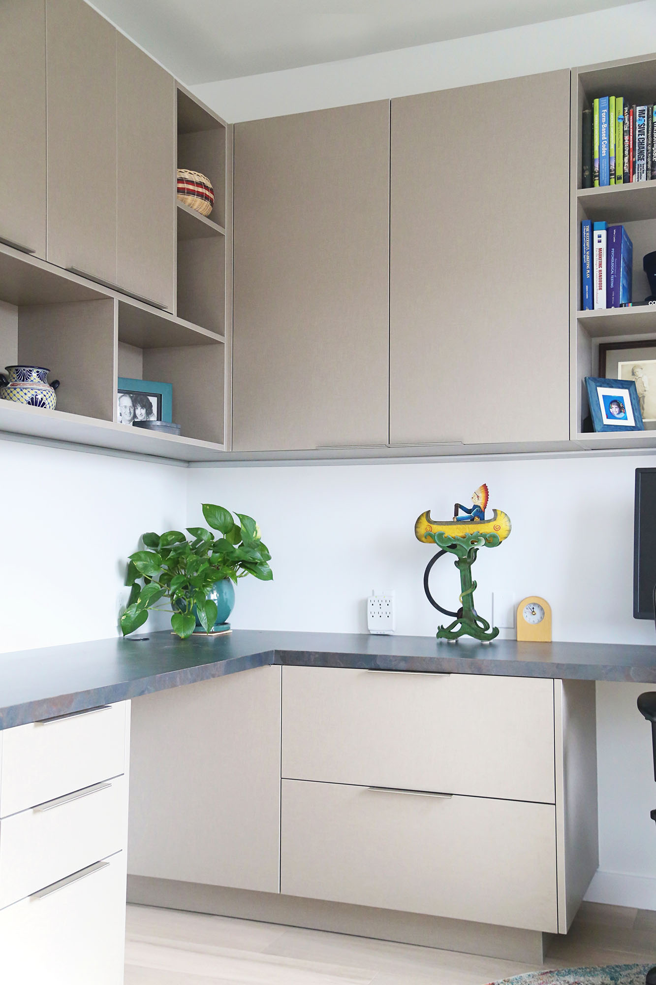 Office Desk Cabinet Storage Open Shelves Concrete Counter Top Elite Cabinets Office Design Remodel