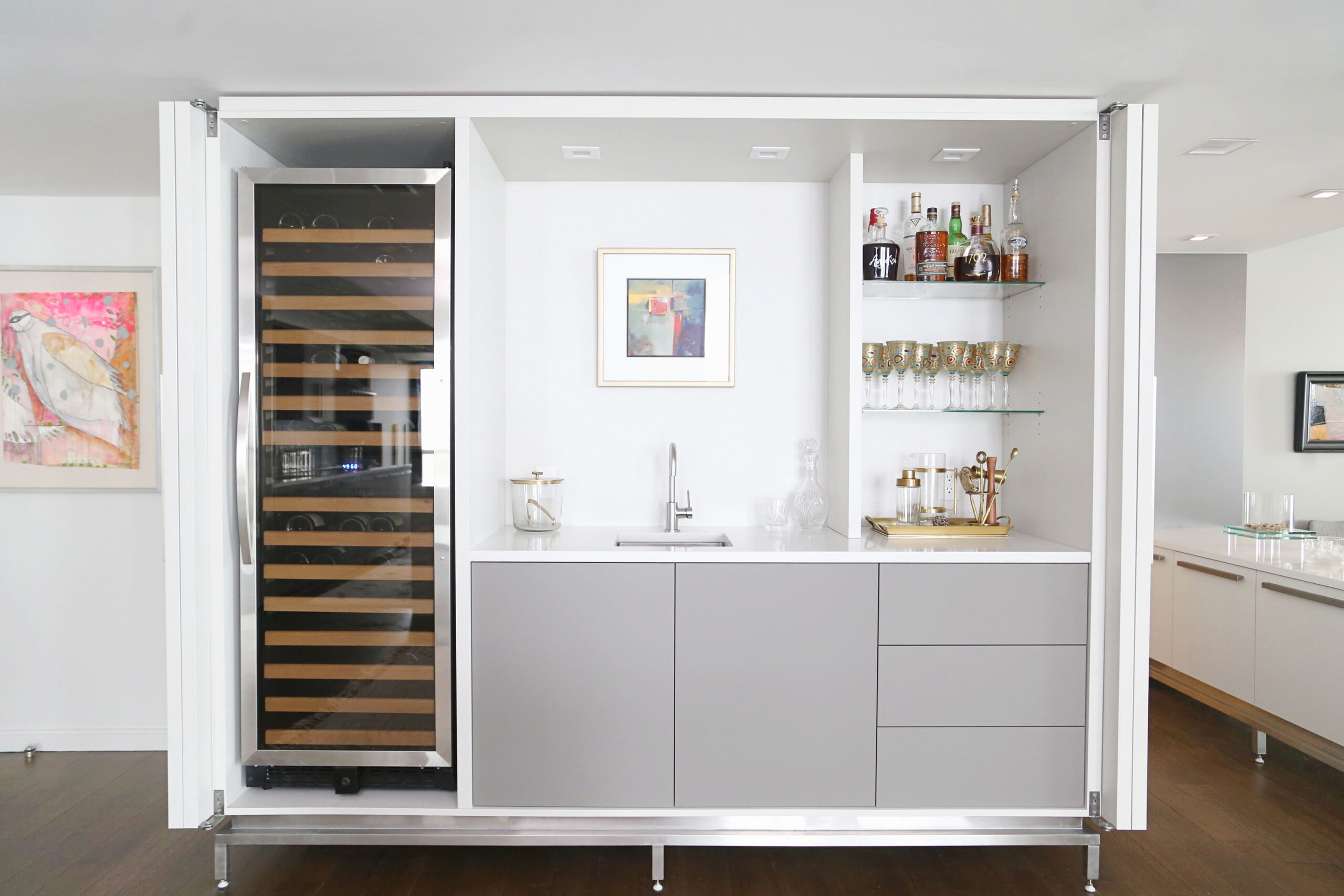 Open Kitchen Bar Space Tall Wine Refrigerator Bar Sink Cabinet Storage Open Shelves Elite Kitchens Tulsa Kitchen Design Remodel