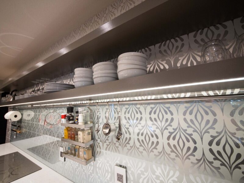 Open Kitchen Shelves Led Lighting Tile Backsplash Induction Cooktop White Counter Elite Cabinets Tulsa Kichen Design