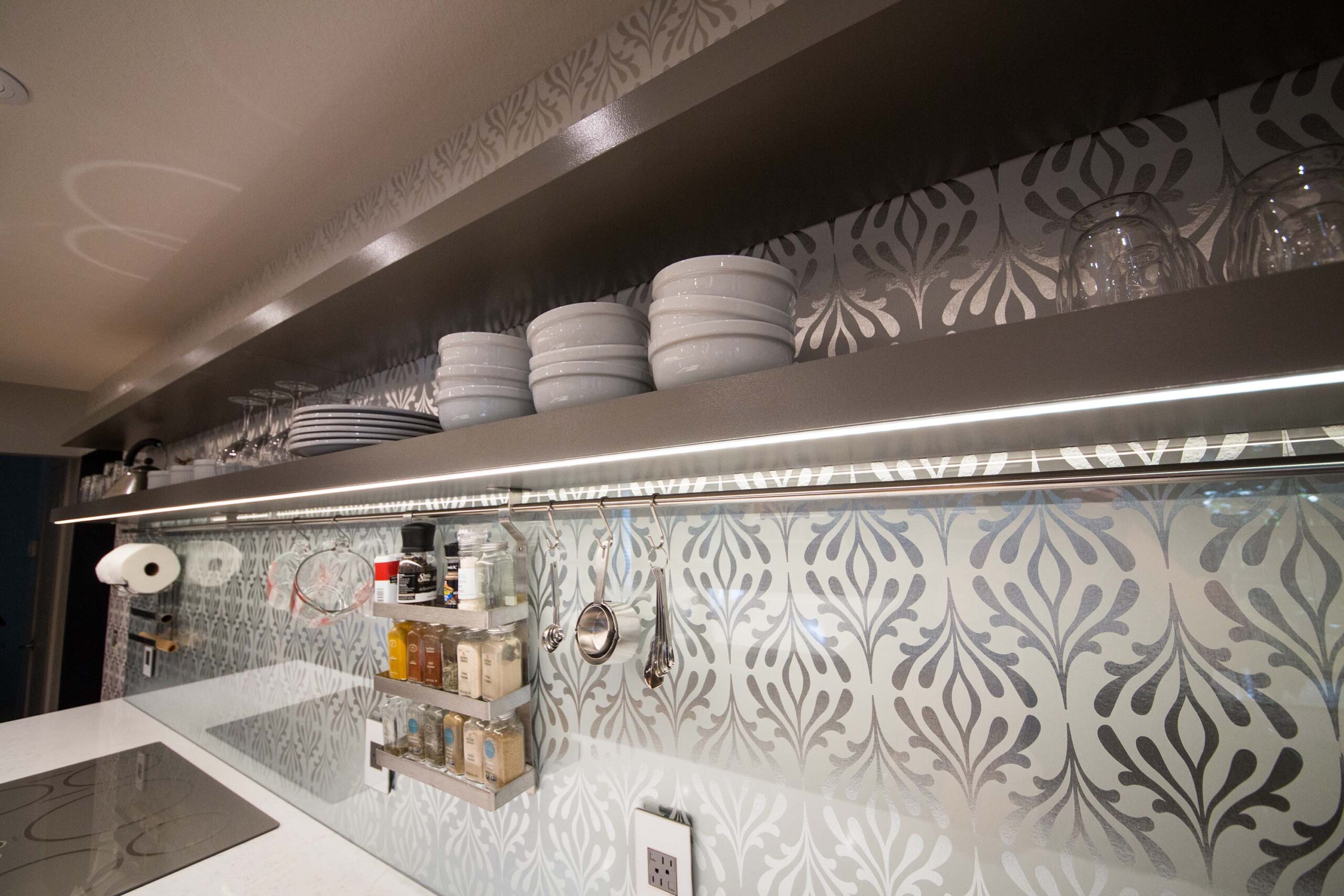 Open Kitchen Shelves Led Lighting Tile Backsplash Induction Cooktop White Counter Elite Cabinets Tulsa Kichen Design