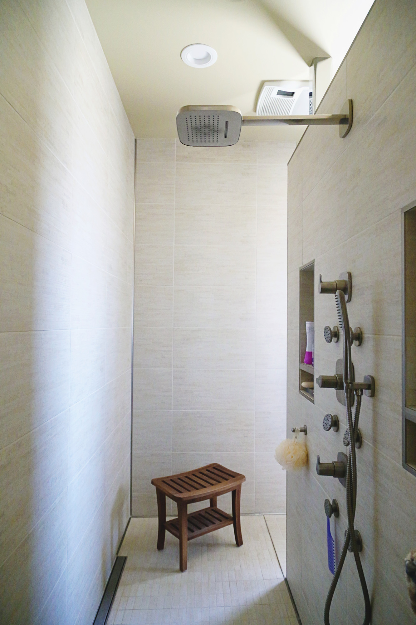 Open Walk In Shower Niches Tile Walls Elite Cabinets Tulsa Bathroom Design