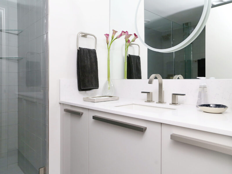 Tulsa Bathroom Vanity Remodel White Cabinet Storage White Counter Top Walk In Shower Gray Tile Lighted Vanity Mirror Elite Cabinets Tulsa Bathroom Design