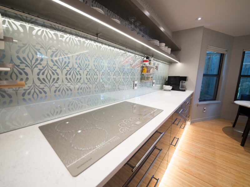 Tulsa Kitchen Induction Cooktop Open Shelves Led Lighting Tile Backsplash White Counter Elite Cabinets Tulsa Kichen Design