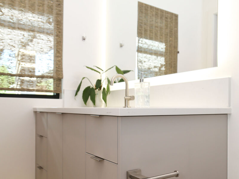 Vanity Gray Cabinet Storage White Counter Backsplash Wood Floor Elite Cabinets Bathroom Cabinet Design