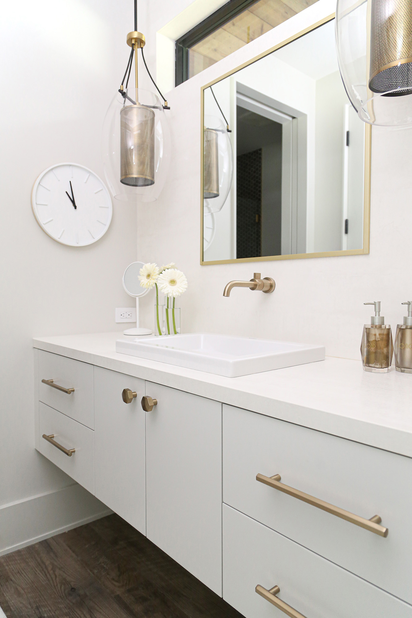 Vanity Vessel Sink Mirror Hanging Pendants White Counters White Cabinets Elite Cabinets Tulsa Bathroom