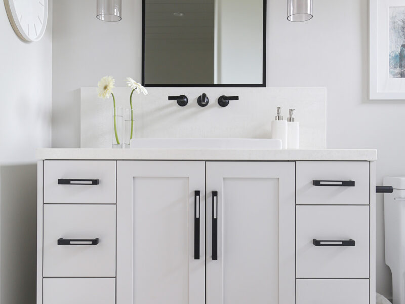 White Bathroom Vanity Vessel Sink Mirror Wall Sconces White Counters White Cabinets Elite Cabinets Tulsa Bathroom