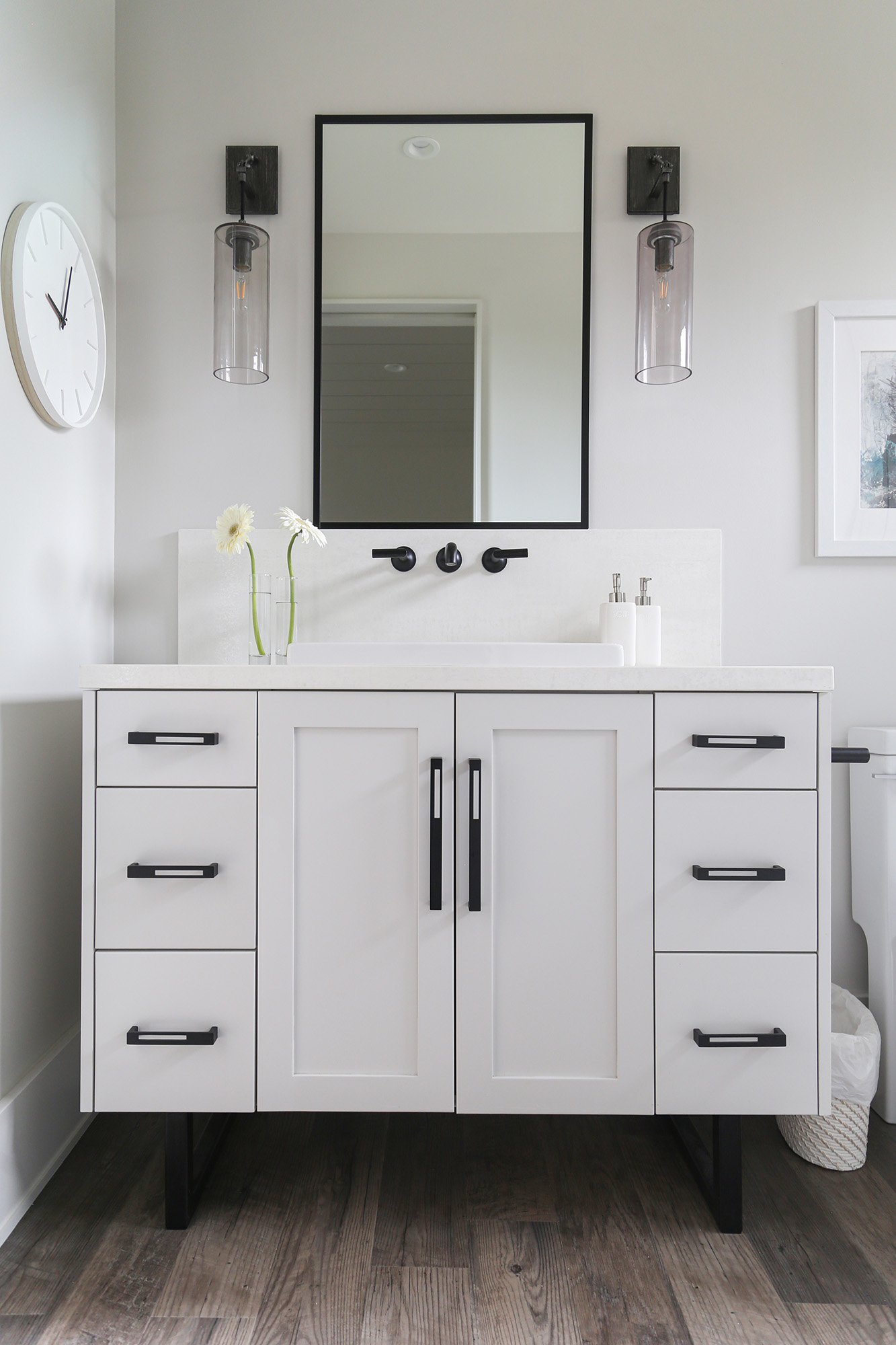White Bathroom Vanity Vessel Sink Mirror Wall Sconces White Counters White Cabinets Elite Cabinets Tulsa Bathroom
