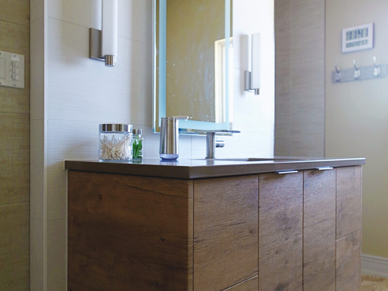 Wood Grain Vanity Storage Gray Counter Top Mirror Sconces Elite Cabinets Tulsa Bathroom