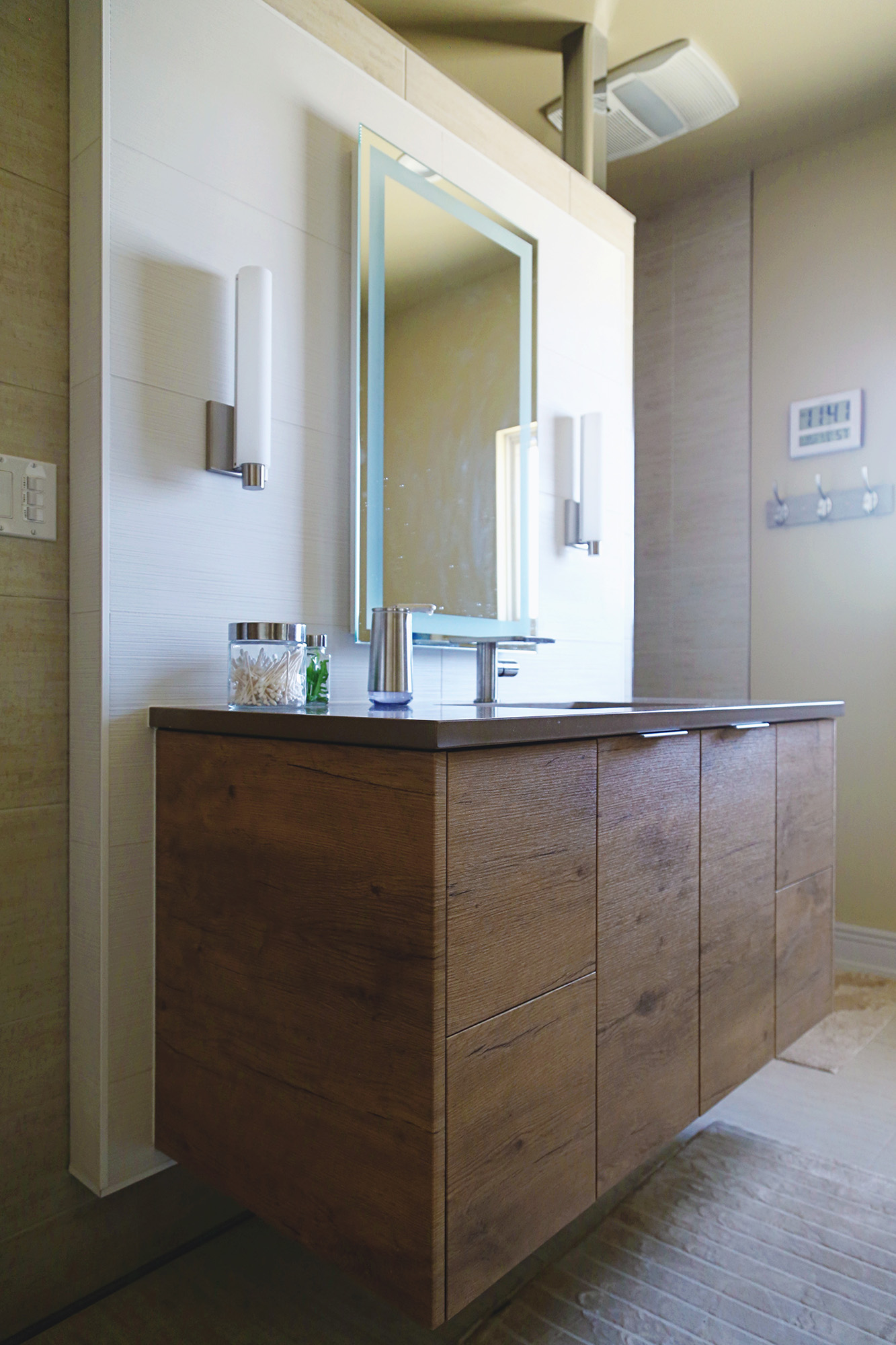 Wood Grain Vanity Storage Gray Counter Top Mirror Sconces Elite Cabinets Tulsa Bathroom