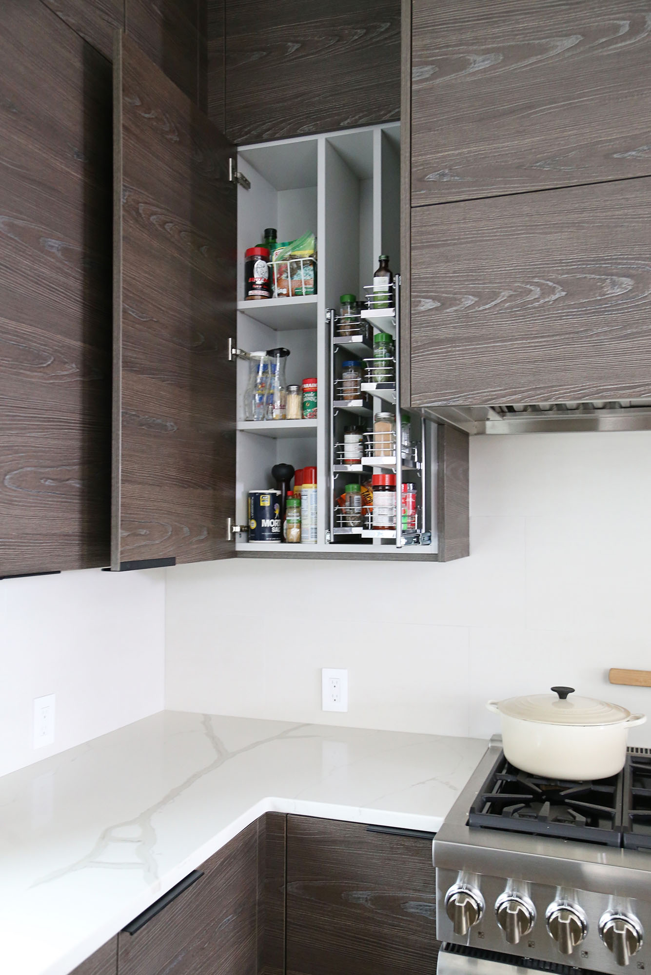 Spice Cabinet Storage Thermofused Flat Panel Cabinets White Counters Rangetop Elite Cabinets Tulsa Remodel