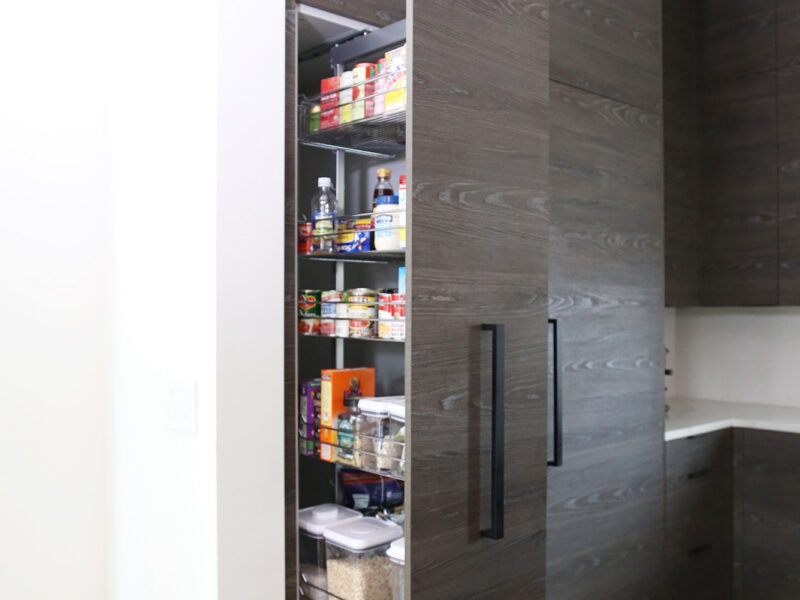 Tall Pantry Pullout Storage Flat Panel Cabinet Doors White Counters Elite Cabinets Tulsa Kitchen Cabinets